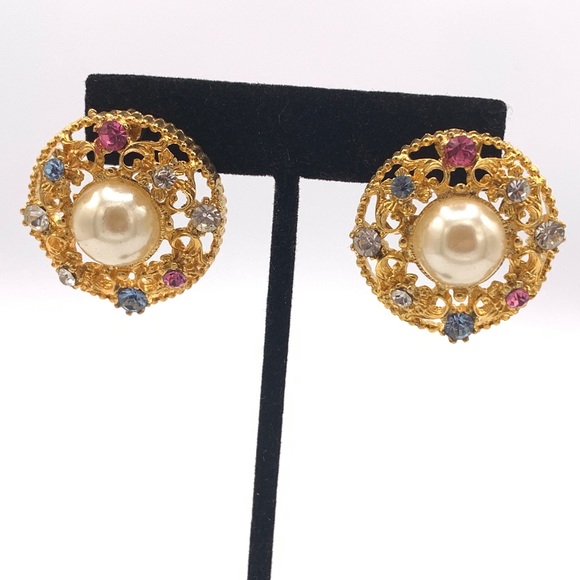 Vintage Belini signed rhinestone earrings filigree - Picture 2 of 7